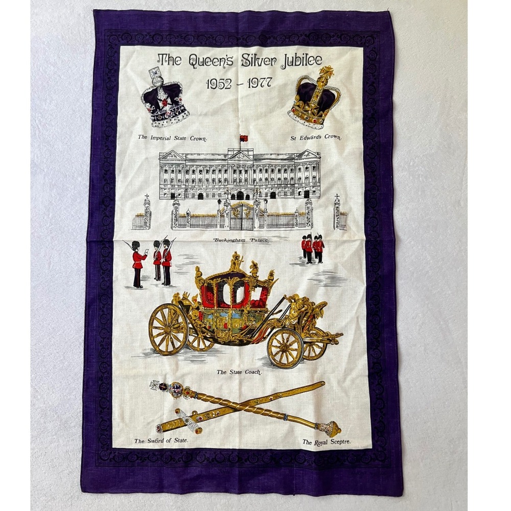 Vintage Queen Elizabeth II Silver Jubilee Tea Towel Purple Royal Souvenir 1977